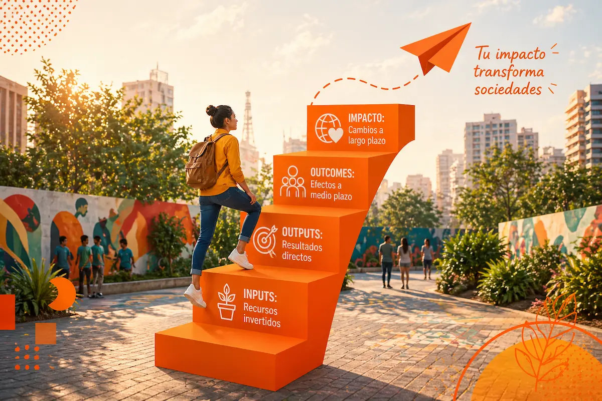 Imagen de una persona subiendo una estructura en forma de escalera con conceptos de impacto (inputs, outputs, outcomes, impacto) en un entorno urbano.