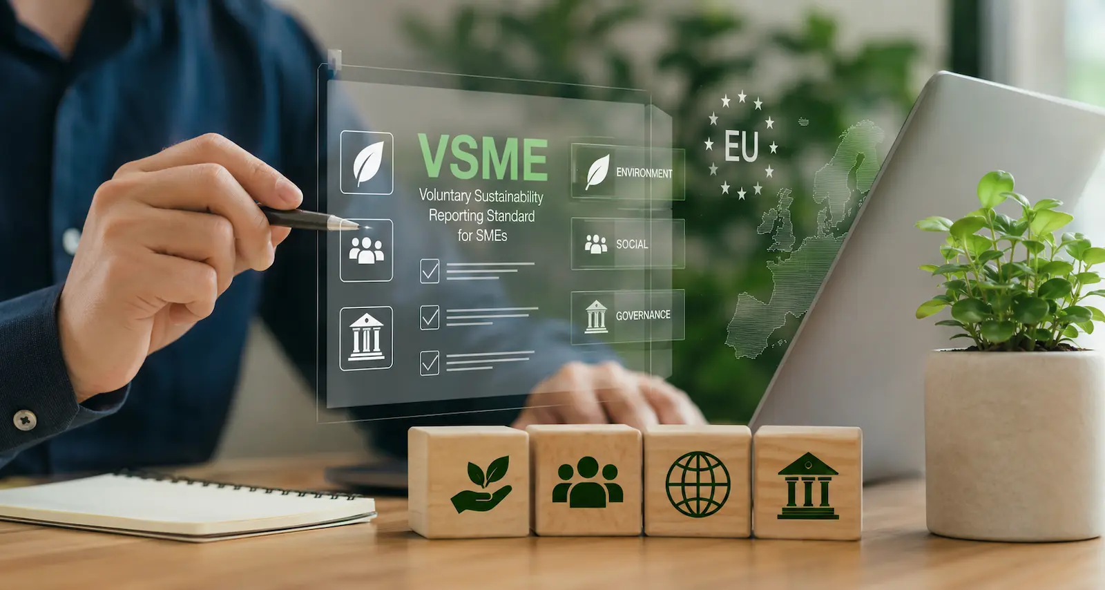 Persona utilizando una interfaz digital relacionada con el estándar VSME y criterios ESG en un entorno de oficina.