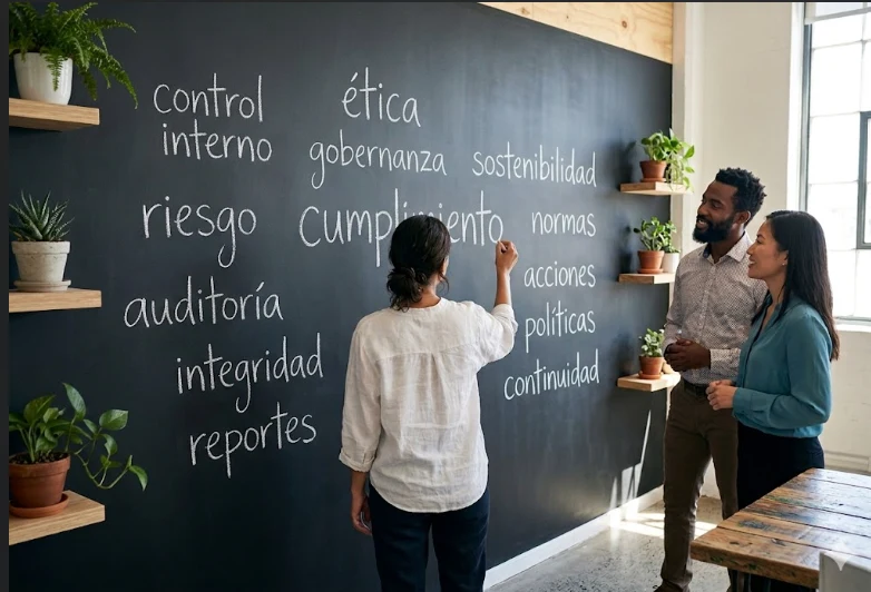 Personas revisando conceptos de cumplimiento, gobernanza y gestión de riesgos en una pizarra.