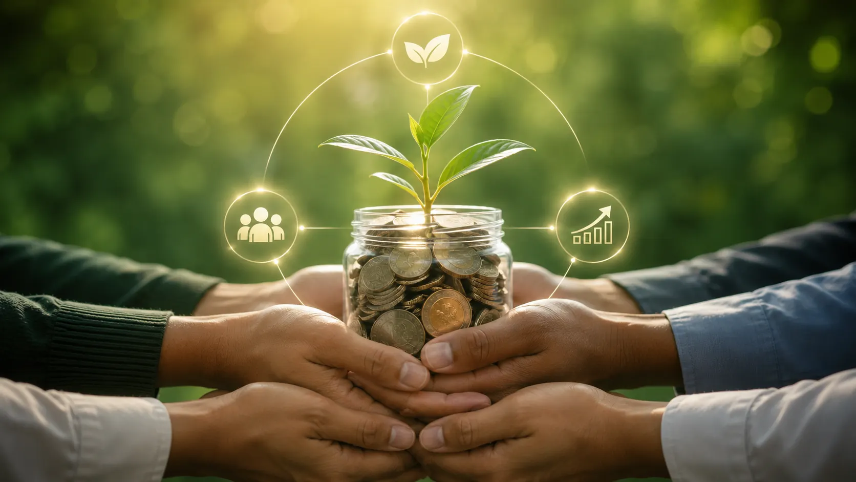 Planta creciendo sobre monedas sostenidas por varias personas, representando sostenibilidad e impacto económico, social y ambiental.