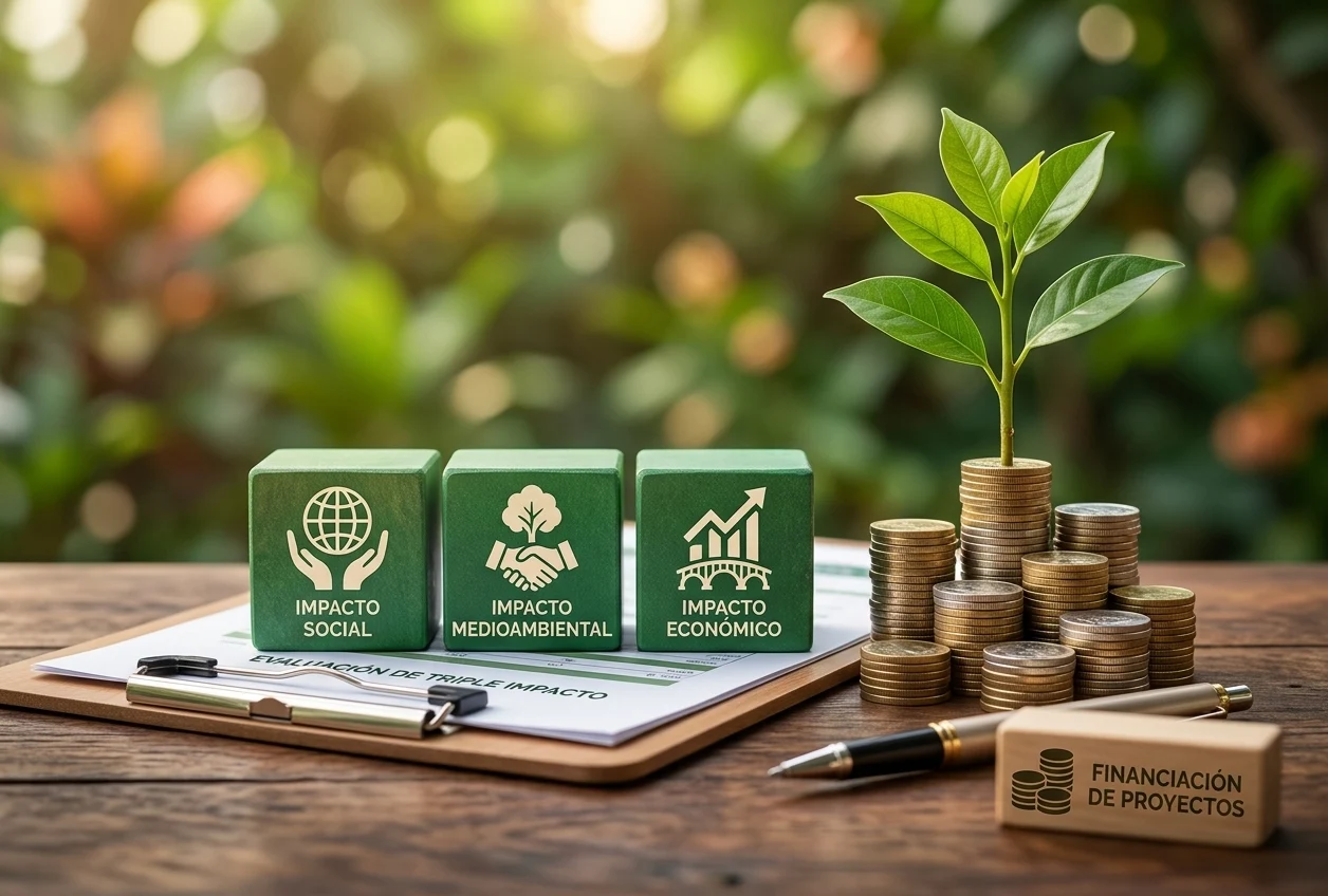 Bloques con indicadores de impacto social, medioambiental y económico junto a monedas y una planta en crecimiento.