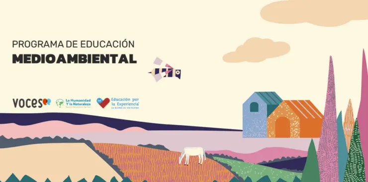 Ilustración de paisaje rural con casas, árboles y campos, acompañada del texto ‘Programa de educación medioambiental’ y logotipos institucionales.