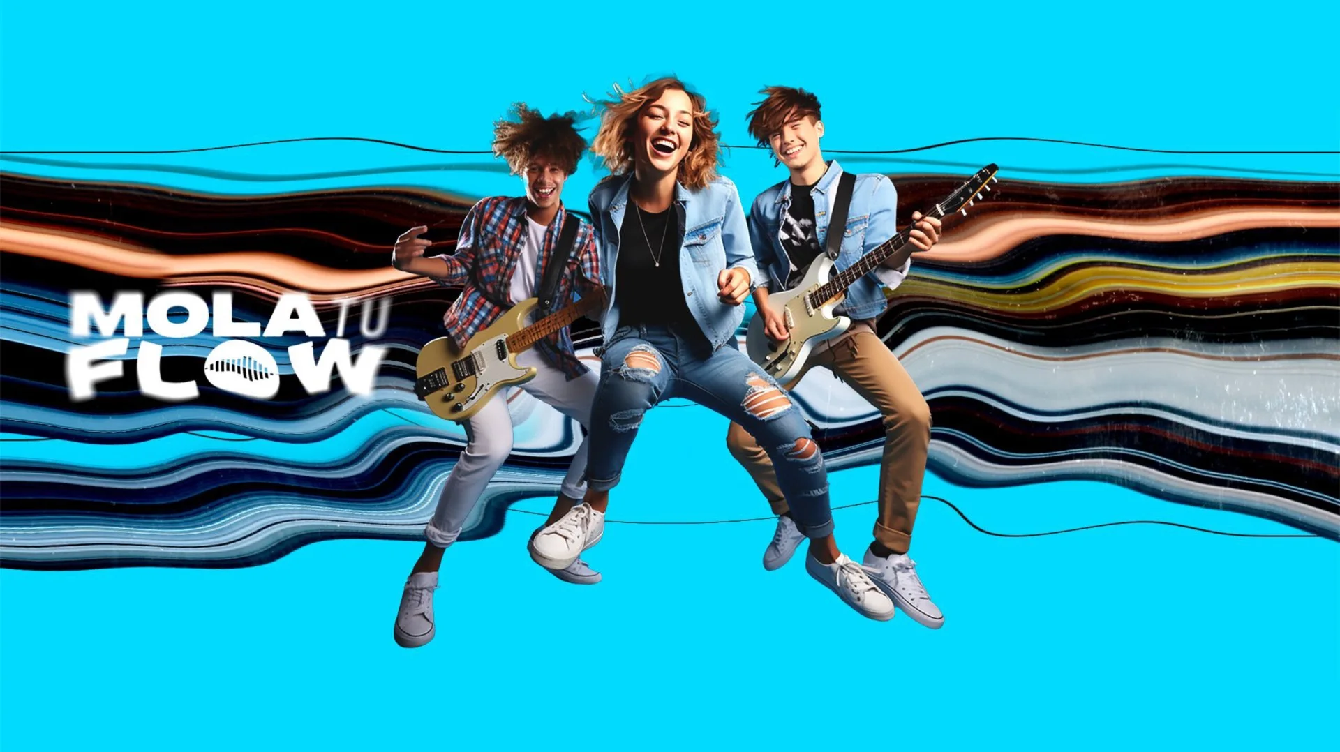 Tres jóvenes con guitarras eléctricas saltando y sonriendo frente a un fondo colorido con el texto "MOLA TU FLOW.