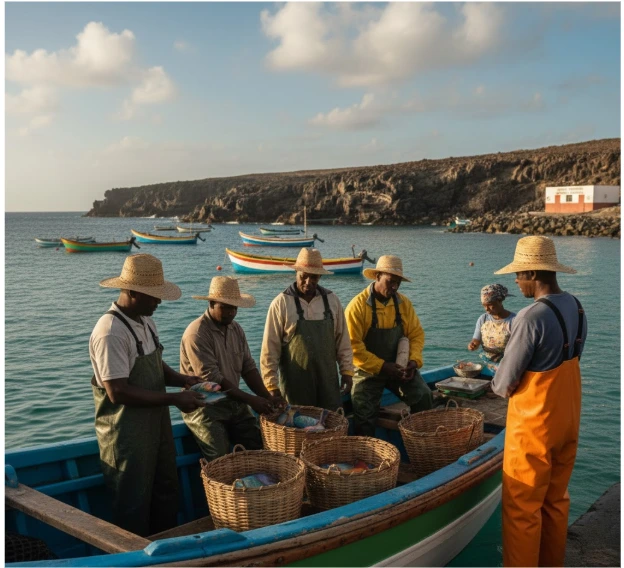 Grupo de pescadores organizando y seleccionando pescado en una embarcación junto al mar, con varias barcas al fondo.