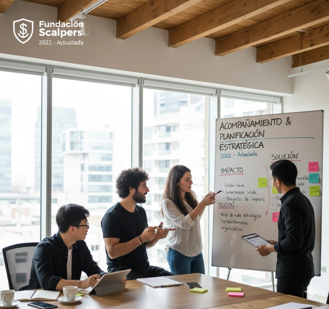 Equipo de trabajo reunido en una oficina moderna realizando una presentación frente a una pizarra con notas y planificación estratégica.