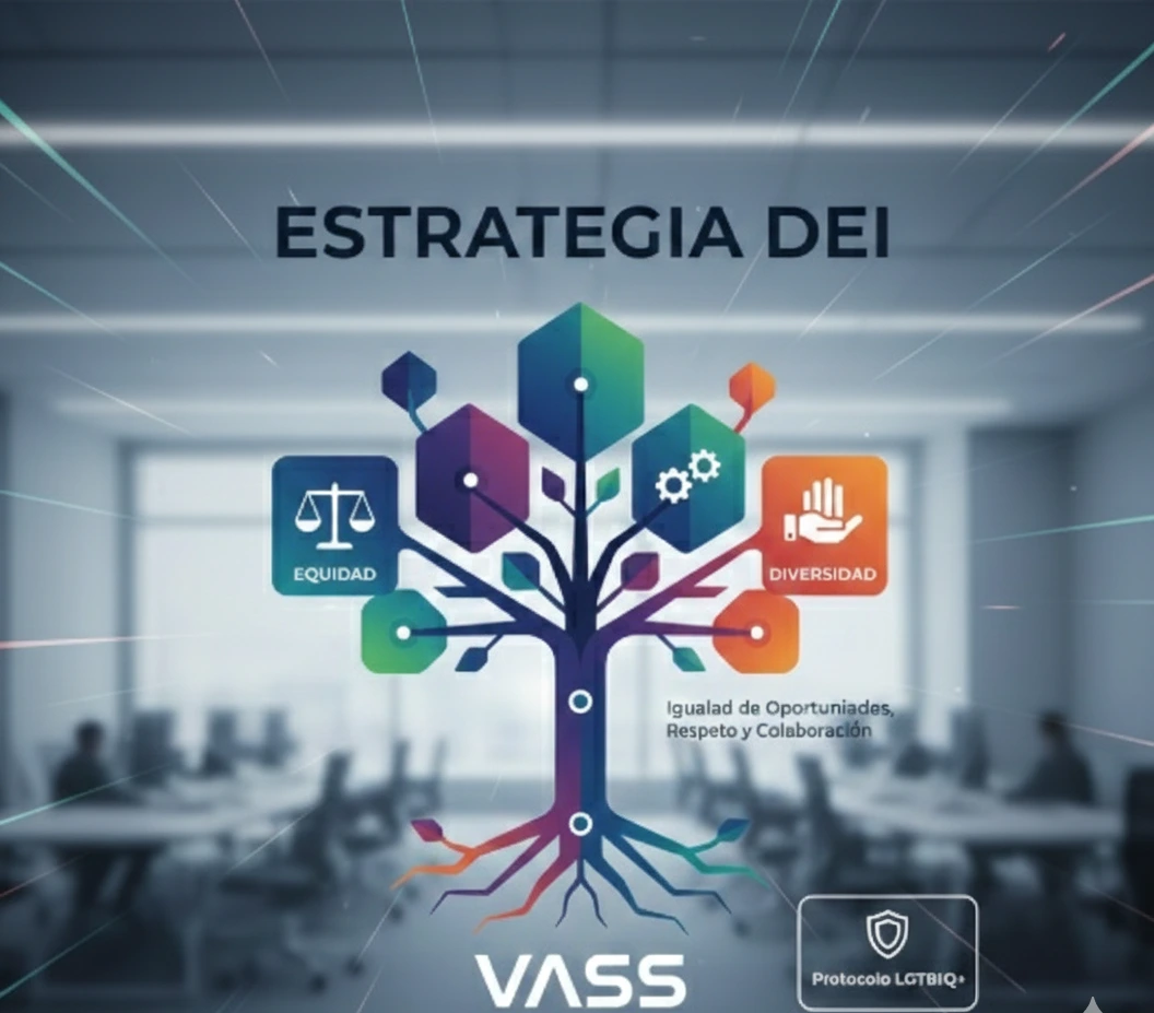 Ilustración de un árbol con iconos que representan valores como equidad, diversidad e inclusión en un entorno corporativo.