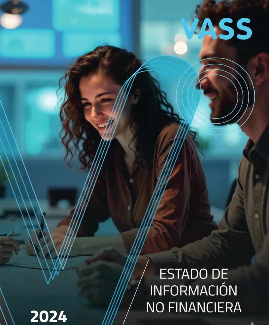 Dos profesionales trabajando juntos frente a una computadora en un entorno de oficina con elementos gráficos superpuestos y texto corporativo.