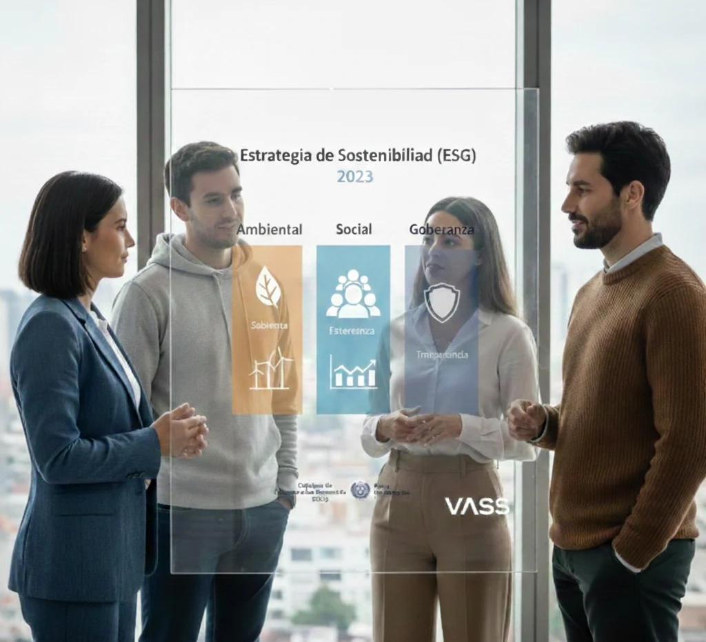 Equipo de cuatro personas conversando frente a una pantalla transparente con información sobre estrategia de sostenibilidad ESG (ambiental, social y gobernanza) en una oficina.